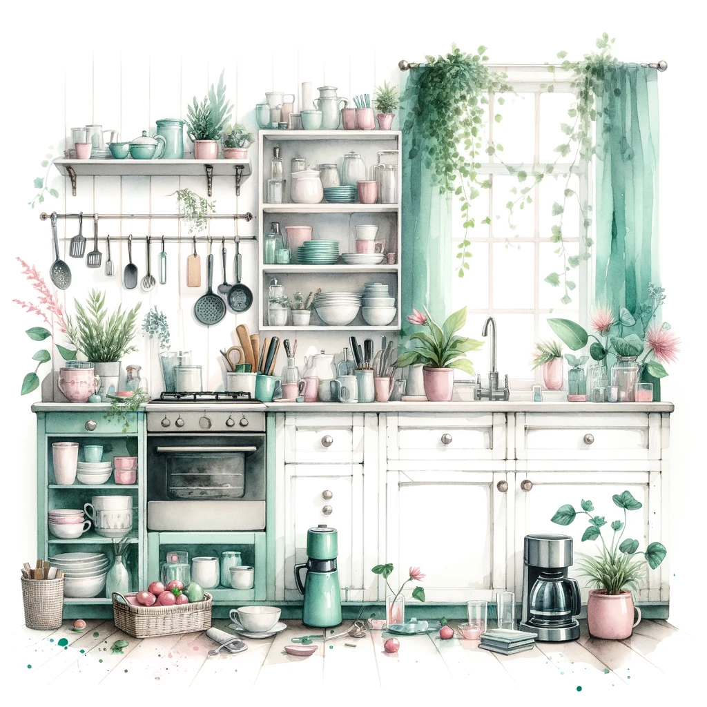 A cute cluttered kitchen that's minimalistic.