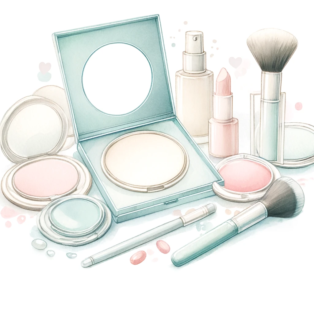 A minimalistic, watercolor representation of makeup items - all are open and they use a light green with splashes of pink.