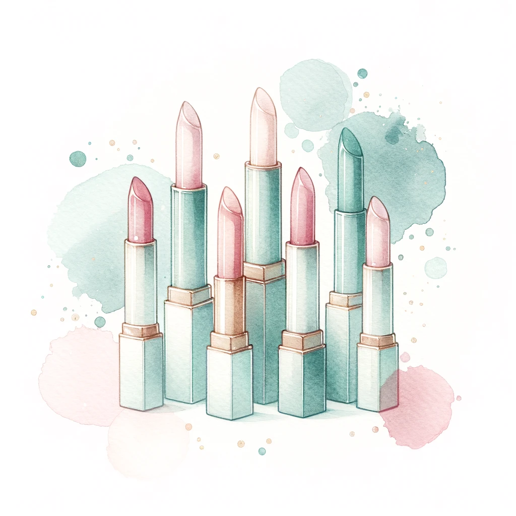 A minimalistic, watercolor representation of lipstick tubs - all are open and they use a light green with splashes of pink.