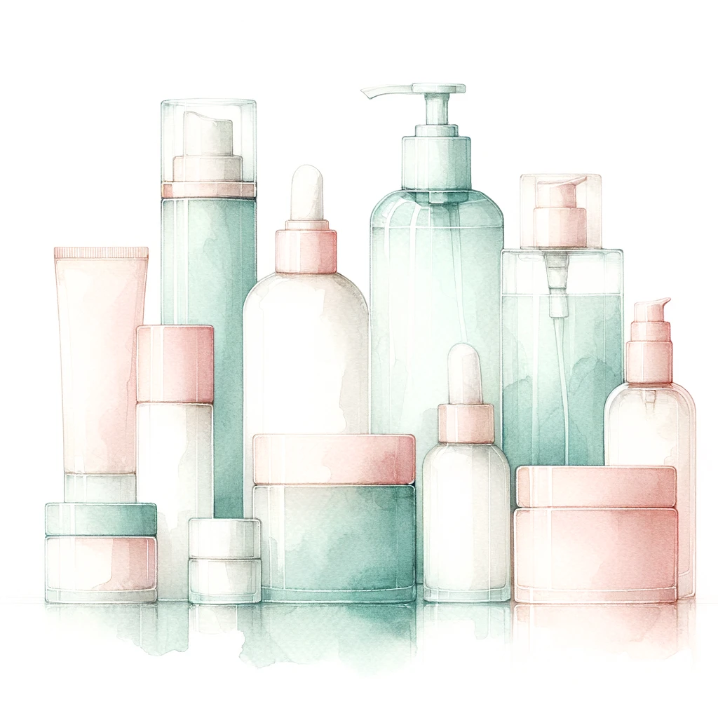 A minimalistic, watercolor representation of skincare and beauty bottles - all are open and they use a light green with splashes of pink.